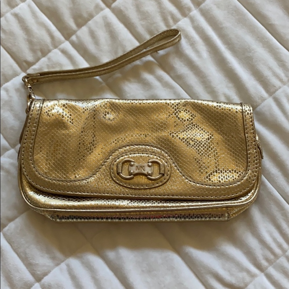 Michael Kors gold metallic snakeskin clutch